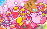  2boys backwards_hat baseball_cap beanie bird blanket blush_stickers bow bowtie bulby_(kirby) cherry_blossoms closed_eyes cup dango fleeing flower food hanami hat headphones king_dedede kirby kirby_(series) looking_at_another lovely_(kirby) mask meta_knight microphone multiple_boys nintendo no_humans noddy_(kirby) obentou official_art penguin petals picnic plate robe sanshoku_dango sleeping smile tree waddle_dee wagashi whispy_woods yunomi 