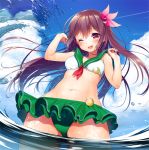  10s 1girl blush brown_hair hair_ornament kantai_collection kisaragi_(kantai_collection) long_hair minami_(apricot_tea) open_mouth skirt smile solo swimsuit water wince 