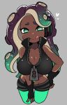  1girl bare_shoulders breasts cleavage crop_top dark_skin fingerless_gloves gloves green_eyes green_legwear headphones heart iida_(splatoon) large_breasts licking_lips looking_at_viewer midriff mole mole_under_mouth mzh navel_piercing pantyhose piercing pink_pupils purple_hair shorts solo splatoon splatoon_2 symbol-shaped_pupils tentacle_hair tongue tongue_out zipper zipper_pull_tab 