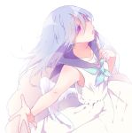  1girl bangs blue_hair collarbone dress earrings from_side hair_between_eyes hand_up highres jewelry long_hair looking_up naoton open_mouth original outstretched_arms sailor_dress simple_background solo star star_earrings violet_eyes white_background white_dress wings 