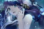  1girl air_bubble bangs blue_eyes eyebrows_visible_through_hair hands_up long_hair looking_at_viewer ningyo_hime_(sinoalice) open_mouth purple_hair qitoli sinoalice solo teeth underwater 