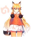  1girl animal_ears bangs black_gloves black_hair blazer blonde_hair blush brown_legwear chamnaitu closed_mouth cowboy_shot eyebrows_visible_through_hair ezo_red_fox_(kemono_friends) foreshortening fox_ears fox_girl fox_shadow_puppet fox_tail gloves gradient_hair hair_between_eyes hair_flaps highlights highres jacket japari_symbol kemono_friends long_hair looking_at_viewer multicolored_hair orange_eyes pantyhose pleated_skirt skirt solo tail tsurime white_skirt 