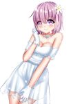  1girl bare_shoulders breasts bridal_gauntlets cleavage dress fate/grand_order fate_(series) flower gloves hair_flower hair_ornament hand_up highres katou_shinobu looking_at_viewer medium_breasts purple_hair see-through shielder_(fate/grand_order) smile solo standing violet_eyes white_dress white_gloves 