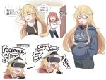  10s 2girls =_= alternate_costume black_pants blonde_hair blue_eyes blue_shirt brown_hair commentary_request glasses hair_between_eyes ido_(teketeke) iowa_(kantai_collection) kantai_collection long_hair long_sleeves multiple_girls open_mouth pants ponytail red-framed_eyewear saratoga_(kantai_collection) shirt smile speech_bubble star star-shaped_pupils symbol-shaped_pupils teeth translated truth 