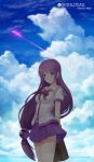  1girl 2017 absurdres ahoge akitaka_akita arms_behind_back clouds cloudy_sky collarbone cowboy_shot dated floating_hair hair_ornament highres iriya_kana iriya_no_sora_ufo_no_natsu long_hair miniskirt pleated_skirt purple_hair purple_skirt school_uniform shirt short_sleeves skirt sky solo standing very_long_hair violet_eyes white_shirt 