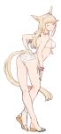  1girl ;) animal_ears arched_back ass bangle bangs bare_legs bikini blonde_hair bracelet breasts facial_mark final_fantasy final_fantasy_xiv full_body hairband hand_on_hip hand_on_own_thigh highres jewelry jionghai leaning_forward long_hair looking_at_viewer looking_back medium_breasts miqo&#039;te one_eye_closed sandals side-tie_bikini sideboob simple_background smile solo standing strap_gap swept_bangs swimsuit tail white_background white_bikini 