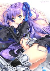  1girl armor armored_boots blue_eyes blue_ribbon blush boots fate/extra fate/extra_ccc fate/grand_order fate_(series) hair_ribbon long_hair looking_at_viewer meltlilith navel purple_hair ribbon riichu shiny shiny_hair solo very_long_hair 