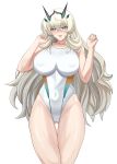  1girl absurdres bangs bare_shoulders blonde_hair blue_eyes blush breasts collarbone fate/grand_order fate_(series) gawain_(fairy_knight)_(fate) highleg highleg_swimsuit highres higofushi horns large_breasts long_hair looking_at_viewer open_mouth smile solo swimsuit thighs 
