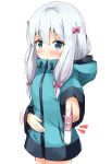  1girl aikawa_ryou blue_eyes blush eromanga_sensei hair_ribbon hand_on_own_stomach highres hood hooded_jacket izumi_sagiri jacket long_hair long_sleeves looking_at_viewer pregnancy_test ribbon white_background white_hair 