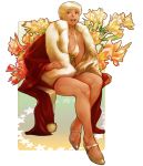  1girl bare_legs blonde_hair breasts cleavage coat commentary_request dress flower fur_trim highres invisible_chair looking_to_the_side open_mouth original red_eyes shoes short_hair sitting smile solo very_short_hair vigwer 