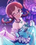  1girl akizuki_ritsuko antenna_hair artist_request bare_shoulders bow braid breasts brown_eyes brown_hair castle collarbone dress earrings fireworks frills glasses gloves hair_ribbon idolmaster idolmaster_million_live! idolmaster_million_live!_theater_days jewelry lace long_hair looking_at_viewer necklace night night_sky off_shoulder official_art one_eye_closed open_mouth outdoors ribbon skirt_hold sky smile solo twin_braids 