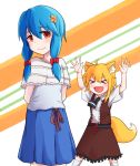  &gt;_&lt; 2girls animal_ears arms_up blue_hair blush bow closed_eyes closed_mouth cookie_(touhou) eyebrows_visible_through_hair facing_another fang flower fox_ears fox_tail hair_bow hair_flower hair_ornament highres looking_at_viewer medium_hair miramikaru_miran miramikaru_riran multiple_girls open_mouth red_bow red_eyes smile tail thigh-highs touhou white_legwear yan_pai 
