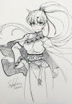  1girl bangs breasts cape fire_emblem fire_emblem:_rekka_no_ken fire_emblem_cipher greyscale hand_on_hip highres long_hair long_sleeves lyndis_(fire_emblem) medium_breasts monochrome official_art pelvic_curtain ponytail signature solo wada_sachiko 