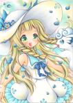  1girl :d alolan_vulpix bangs bare_arms bare_shoulders blonde_hair blue_eyes blue_ribbon blunt_bangs blush braid collared_dress commentary_request dress flower green_eyes hair_flower hair_ornament hat himeon_konon lillie_(pokemon) long_hair lowres marker_(medium) open_mouth outstretched_arms petals pokemon pokemon_(game) pokemon_sm ribbon sleeveless sleeveless_dress smile sun_hat sundress traditional_media twin_braids very_long_hair white_dress white_hat 