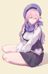  1girl beret bubuki_buranki gen_(bividgen) hat highres long_hair pink_hair scarf simple_background sitting solo taneomi_shizuru tareme 