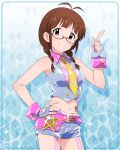  1girl akizuki_ritsuko antenna_hair artist_request bangs bare_shoulders belt braid breasts brown_eyes brown_hair closed_mouth fingerless_gloves garter_straps glasses gloves hand_on_hip idolmaster idolmaster_million_live! idolmaster_million_live!_theater_days long_hair looking_at_viewer midriff million_dreams navel necktie official_art sleeveless smile solo star tattoo twin_braids 