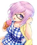  1girl bag black-framed_eyewear blush breasts collarbone cowboy_shot dress fate/grand_order fate_(series) food from_above hair_over_one_eye hair_tucking handbag hinata_sora ice_cream jacket large_breasts lavender_hair looking_at_viewer looking_up open_clothes open_jacket plaid plaid_dress shielder_(fate/grand_order) short_hair solo tongue tongue_out violet_eyes 