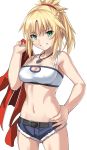 &gt;:) 1girl bandeau bare_arms bare_shoulders blonde_hair blush breasts cleavage cowboy_shot cutoffs fate/apocrypha fate_(series) green_eyes grin jacket jacket_removed jewelry looking_at_viewer medium_breasts midriff navel necklace ponytail saber_of_red shiseki_hirame short_shorts shorts smile solo stomach 