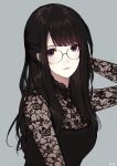  1girl arm_up artist_request bangs black_hair breasts caidychen floral_print glasses grey_background hand_in_hair highres lace long_hair looking_at_viewer medium_breasts original red_lips round_glasses simple_background solo upper_body 