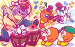  backwards_hat baseball_cap blush_stickers bonkers bow bowtie chilly_(kirby) clarinet drum drumsticks gorilla hat instrument kirby_(series) microphone monkey musical_note nintendo no_humans official_art purple_hair shaded_face simple_background snowman top_hat tuxedo video_camera violin waddle_dee waddle_doo white_background wince 