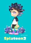  1boy blue_background cellphone copyright_name cyclops full_body headband male_focus one-eyed pants pants_rolled_up phone raglan_sleeves sea_urchin shoes shorts simple_background smartphone sneakers solo spiky_(splatoon) splatoon super_sea_snail 