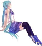 1girl absurdres aqua_eyes aqua_hair arm_support bare_shoulders black_legwear blue_skirt boots bow frilled_boots frills from_side hatsune_miku highres invisible_chair long_hair sisi_(pixiv18753872) sitting skirt solo thigh-highs twintails very_long_hair vocaloid white_background zettai_ryouiki 