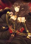  1girl absurdres assassin_of_red bare_shoulders black_dress black_hair breasts cleavage detached_sleeves dress fate/apocrypha fate_(series) gu_li highres large_breasts long_hair looking_at_viewer pointy_ears smile solo very_long_hair yellow_eyes 