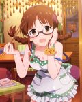  1girl akizuki_ritsuko antenna_hair apron artist_request bangs bare_shoulders blush braid breasts brown_eyes brown_hair chair chopsticks cleavage collarbone curtains dress food frills glasses idolmaster idolmaster_million_live! idolmaster_million_live!_theater_days indoors long_hair looking_at_viewer medium_breasts official_art open_mouth solo table twin_braids 