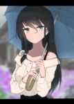  1girl bangs bare_shoulders black_hair blue_ribbon blurry bra_strap braid breasts building buttons clenched_hand collarbone commentary_request depth_of_field eyebrows_visible_through_hair flower grey_eyes hair_between_eyes hair_ribbon hinomaru_(futagun) holding holding_umbrella letterboxed long_hair long_sleeves looking_at_viewer medium_breasts original outdoors rain ribbon shirt single_braid smile solo umbrella upper_body white_shirt 