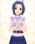  1girl ahoge artist_request bare_shoulders belt blue_hair breasts hands_together idolmaster idolmaster_million_live! idolmaster_million_live!_theater_days jewelry looking_at_viewer miura_azusa necklace official_art open_mouth red_eyes short_hair skirt sleeveless smile solo turtleneck 