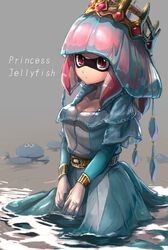  1girl belt blue_dress breasts character_name cleavage closed_mouth collarbone crown domino_mask dress expressionless gem gloves grey_background highres inkling jellyfish_(splatoon) kashu_(hizake) long_sleeves looking_away mask monster_girl original pink_eyes pink_hair sitting small_breasts splatoon tentacle_hair transparent water white_gloves 