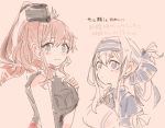  10s 2girls ainu_clothes black_dress blue_eyes breast_pocket brown_hair dress eyebrows_visible_through_hair folded_ponytail headband height_difference itomugi-kun kamoi_(kantai_collection) kantai_collection long_hair multiple_girls neckerchief pocket ponytail red_neckerchief remodel_(kantai_collection) saratoga_(kantai_collection) side_ponytail sidelocks thick_eyebrows trait_connection translation_request white_hair 