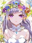  1girl absurdres blue_flower breasts choker cleavage collarbone detached_sleeves earrings eyebrows_visible_through_hair flower hair_flower hair_ornament hate_ani_hikae head_wreath highres jewelry long_hair looking_at_viewer open_mouth orange_flower original purple_flower red_flower silver_hair small_breasts solo strapless upper_body violet_eyes white_flower 