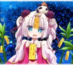  1girl :d bamboo blue_background blue_eyes curly_hair detached_sleeves double_bun flower_knight_girl izumi_yukiru japanese_clothes long_hair looking_at_viewer open_mouth panda sanderiana_(flower_knight_girl) smile solo tanzaku translation_request twintails upper_body white_hair 