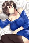  10s 1girl alternate_costume bare_shoulders bed_sheet black_bra black_legwear blue_sweater bra bra_strap breasts brown_eyes brown_hair cleavage closed_mouth collarbone hair_between_eyes hand_on_own_stomach highres kaga_(kantai_collection) kantai_collection large_breasts long_sleeves looking_at_viewer lying on_side onineko-chan ribbed_sweater solo sweater thigh-highs underwear 