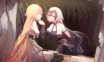  2girls ahoge armor bangs black_legwear blonde_hair blue_eyes breasts broken_(7589468) brown_eyes closed_mouth eye_contact fate/grand_order fate_(series) faulds female fur_trim grey_hair hand_on_another&#039;s_chin headpiece highres jeanne_alter kneeling light_smile long_hair looking_at_another medium_breasts multiple_girls parted_lips ruler_(fate/apocrypha) sitting smile standard_bearer thigh-highs type-moon vambraces very_long_hair wariza yuri 