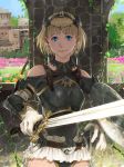  1girl armor blonde_hair blue_eyes breastplate commentary_request flower gloves knight original outdoors shadow shield short_hair shoulder_cutout solo somehira_katsu sword weapon white_gloves 