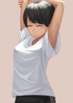  1girl arms_up black_hair black_shorts blush breasts closed_mouth commentary_request eyebrows_visible_through_hair highres medium_breasts original ranma_(kamenrideroz) shirt short_hair short_sleeves shorts simple_background solo white_shirt 