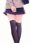 1girl bag beige_sweater blue_skirt caidychen from_behind hands legs_together long_sleeves original out_of_frame over-kneehighs pleated_skirt school_bag school_uniform simple_background skirt solo standing sweater thigh-highs white_background zettai_ryouiki 