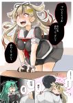  10s 1boy 2girls :d admiral_(kantai_collection) bent_over black_hair blue_eyes bow breasts brown_hair comic commentary_request detached_sleeves drooling fingerless_gloves gloves green_hair hair_bow hair_flaps hair_ornament hair_ribbon hairclip highres hug kantai_collection long_hair multiple_girls open_mouth pleated_skirt red_eyes remodel_(kantai_collection) ribbon ryuun_the_return school_uniform serafuku skirt smile sweat translation_request trembling yamakaze_(kantai_collection) yuudachi_(kantai_collection) 