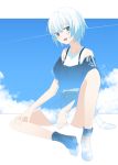  1girl asuteroid blue_eyes blush boots collarbone eyebrows_visible_through_hair highres looking_at_viewer original parted_lips short_hair sitting smile solo white_hair 