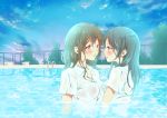  2girls bangs brown_hair eyebrows_visible_through_hair hair_between_eyes lips long_hair looking_at_another multiple_girls night night_sky original parted_lips pool school_uniform sheepd sky wet wet_clothes wet_hair yuri 