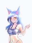  1girl ahri animal_ears bare_shoulders black_hair blush breasts cleavage collarbone fox_ears league_of_legends long_hair looking_at_viewer medium_breasts midriff navel simple_background solo white_background yellow_eyes 