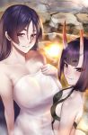  2girls breasts fang fate/grand_order fate_(series) highres horns iandrea large_breasts long_hair looking_at_viewer medium_hair minamoto_no_raikou_(fate/grand_order) multiple_girls onsen purple_hair shuten_douji_(fate/grand_order) small_breasts smirk thick_eyebrows towel violet_eyes water 