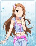  1girl artist_request bare_shoulders belt bracelet breasts brown_eyes brown_hair character_name grin hairband idolmaster idolmaster_million_live! idolmaster_million_live!_theater_days jewelry long_hair looking_at_viewer midriff million_dreams minase_iori navel necklace official_art one_eye_closed pants small_breasts smile solo thigh_gap 