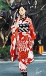  1girl black_hair blush floral_print geta highres japanese_clothes kimono long_sleeves looking_to_the_side obi original outdoors sash solo somehira_katsu tree wide_sleeves 