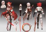  absurdres albino ass braid breasts cape chakram character_sheet cowboy_shot from_behind full_body gradient gradient_background highres hood kunai lips looking_back original pale_skin profile red_eyes rope sangrde skin_tight sword thigh_strap under_boob vambraces weapon white_hair 