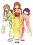  3girls ahoge bangs blue_eyes blush brown_hair chewing closed_mouth eating eyebrows_visible_through_hair floral_print food full_body green green_kimono hair_between_eyes highres holding holding_bag japanese_clothes kawai_makoto kimono koufuku_graffiti light_brown_hair long_hair long_sleeves machiko_ryou morino_kirin multiple_girls onigiri pink_kimono presenting purple_hair sack sandals sash shiina_(koufuku_graffiti) shiny shiny_hair short_hair simple_background smile socks standing violet_eyes white_background white_legwear wide_sleeves yellow_kimono 