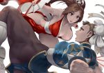  2girls agira ass blue_panties boots bracelet breasts brown_eyes brown_hair brown_legwear bun_cover china_dress chinese_clothes chun-li cleavage crossover double_bun dress dual_wielding erect_nipples fan fatal_fury folding_fan highres jewelry large_breasts lipstick long_hair makeup multiple_girls ninja open_mouth panties pantyhose pelvic_curtain ponytail puffy_short_sleeves puffy_sleeves revealing_clothes sash shiranui_mai short_sleeves simple_background spiked_bracelet spikes street_fighter the_king_of_fighters underwear white_background white_boots 