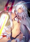  1girl altera_(fate) armpits choker collar dark_skin detached_sleeves fate/grand_order fate_(series) flat_chest foreshortening gluteal_fold hand_on_hip highres jitome looking_at_viewer nail_polish navel nilitsu orange_eyes outstretched_arm serious solo sword weapon white_hair 